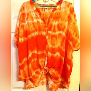 Women's plus size 3x (22-24) beautiful orange white tie dye near sheer blouse